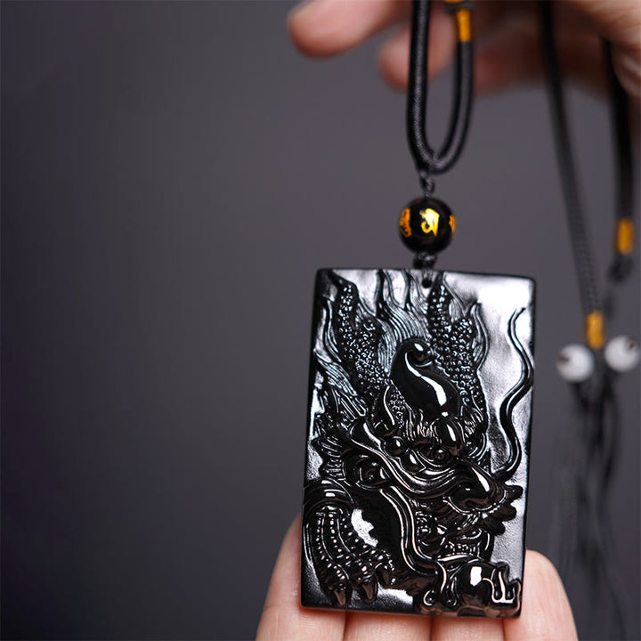 Buddha Stones Collar Colgante de Éxito Rectangular de Dragón Grabado de Obsidiana Negra Natural - Dragón 61 mm x 40 mm - image 9