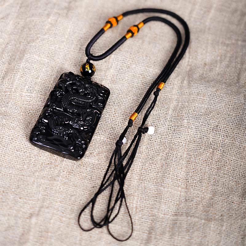 Buddha Stones Collar Colgante de Éxito Rectangular de Dragón Grabado de Obsidiana Negra Natural - image 6