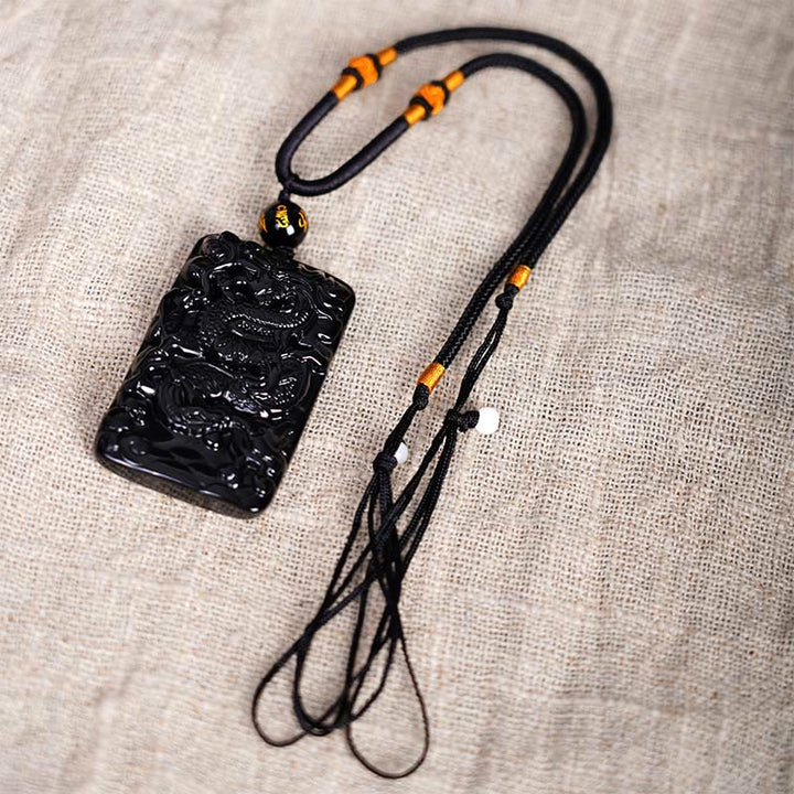 Buddha Stones Collar Colgante de Éxito Rectangular de Dragón Grabado de Obsidiana Negra Natural - image 6