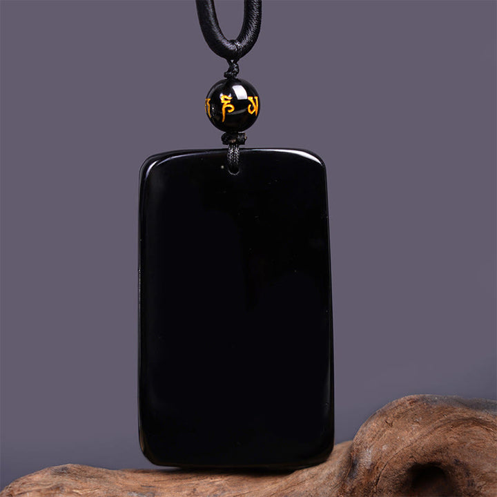 Buddha Stones Collar Colgante de Éxito Rectangular de Dragón Grabado de Obsidiana Negra Natural - image 5