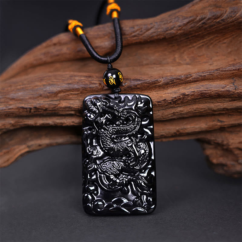 Buddha Stones Collar Colgante de Éxito Rectangular de Dragón Grabado de Obsidiana Negra Natural - image 2