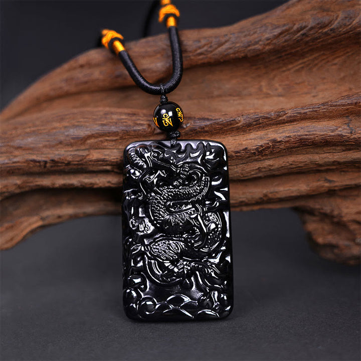 Buddha Stones Collar Colgante de Éxito Rectangular de Dragón Grabado de Obsidiana Negra Natural - image 2