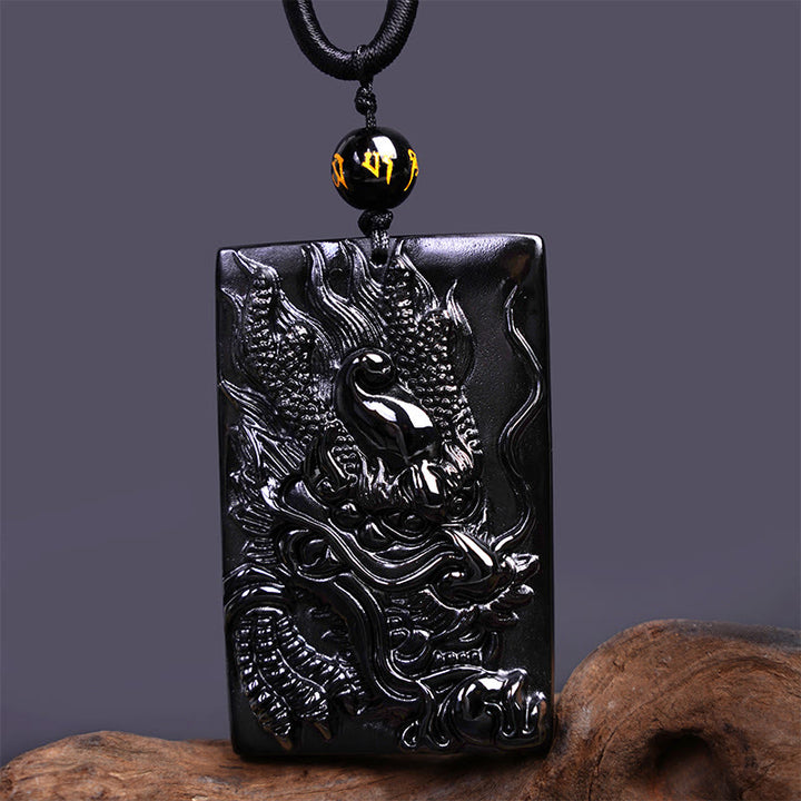 Buddha Stones Collar Colgante de Éxito Rectangular de Dragón Grabado de Obsidiana Negra Natural - image 14
