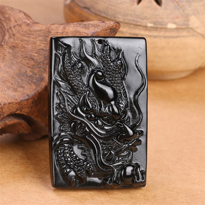 Buddha Stones Collar Colgante de Éxito Rectangular de Dragón Grabado de Obsidiana Negra Natural - image 16