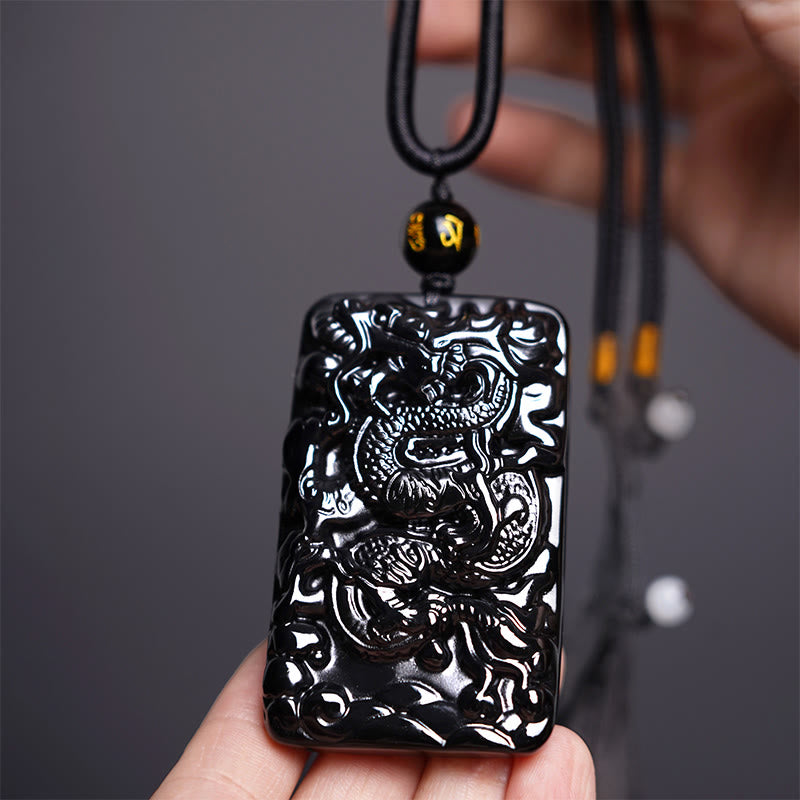 Buddha Stones Collar Colgante de Éxito Rectangular de Dragón Grabado de Obsidiana Negra Natural - Dragón 62 mm x 39 mm - image 1