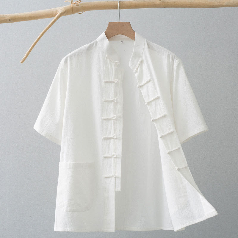 Traje Tang de botones de rana chino Buddha Stones para hombre, camisa de manga corta de algodón y lino con bolsillos. - Blanco - US/UK/AU44, EU54 (4XL) - image 0