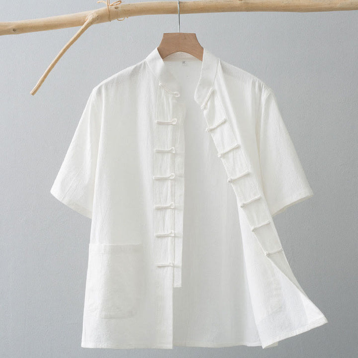 Traje Tang de botones de rana chino Buddha Stones para hombre, camisa de manga corta de algodón y lino con bolsillos. - Blanco - US/UK/AU44, EU54 (4XL) - image 0