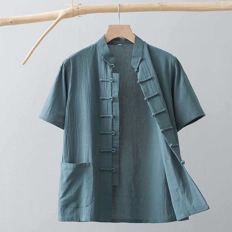 Traje Tang de botones de rana chino Buddha Stones para hombre, camisa de manga corta de algodón y lino con bolsillos. - Cadete Azul - US/UK/AU44, EU54 (4XL) - image 8