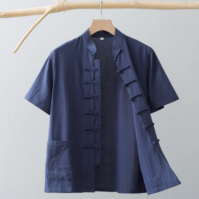 Traje Tang de botones de rana chino Buddha Stones para hombre, camisa de manga corta de algodón y lino con bolsillos. - Azul acero - US/UK/AU44, EU54 (4XL) - image 13