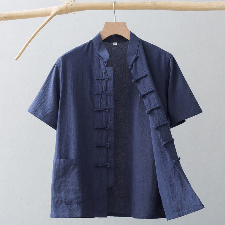 Traje Tang de botones de rana chino Buddha Stones para hombre, camisa de manga corta de algodón y lino con bolsillos. - Azul acero - US/UK/AU44, EU54 (4XL) - image 13