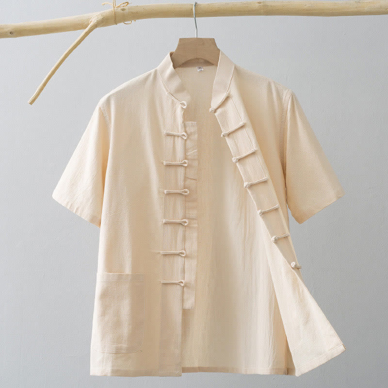 Traje Tang de botones de rana chino Buddha Stones para hombre, camisa de manga corta de algodón y lino con bolsillos. - Blanco antiguo - US/UK/AU44, EU54 (4XL) - image 11