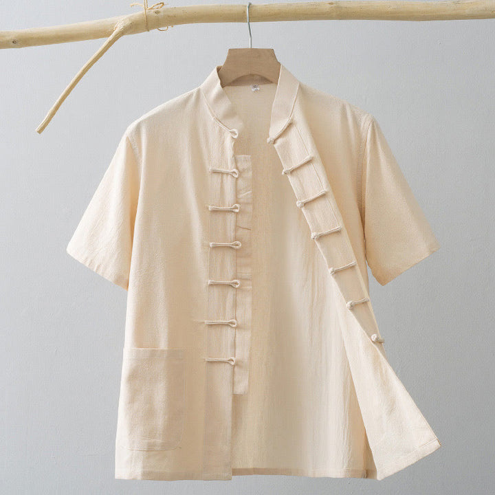 Traje Tang de botones de rana chino Buddha Stones para hombre, camisa de manga corta de algodón y lino con bolsillos. - Blanco antiguo - US/UK/AU44, EU54 (4XL) - image 11