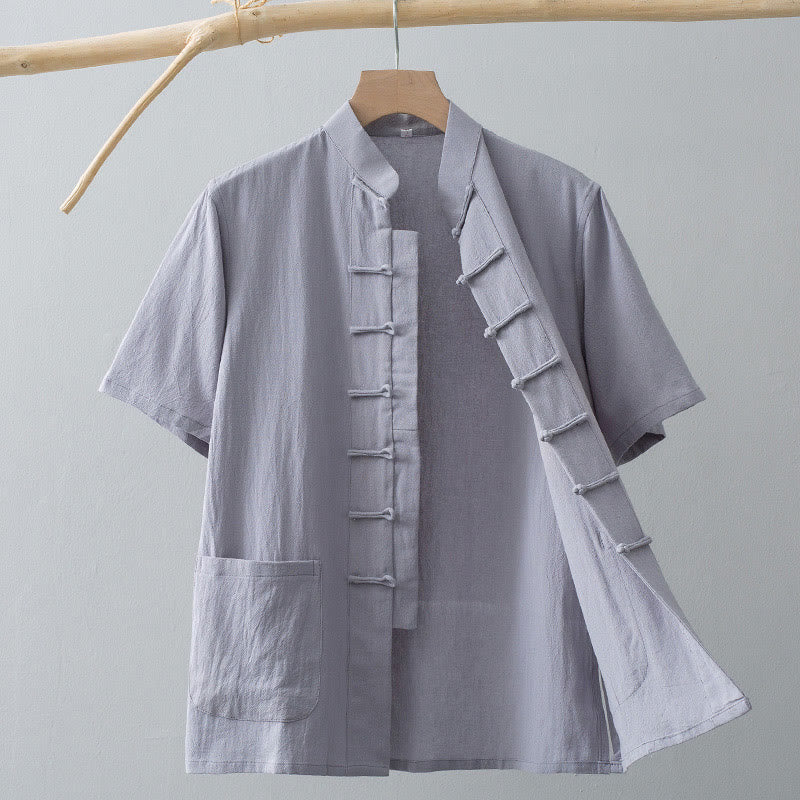 Traje Tang de botones de rana chino Buddha Stones para hombre, camisa de manga corta de algodón y lino con bolsillos. - Gris claro - US/UK/AU44, EU54 (4XL) - image 9