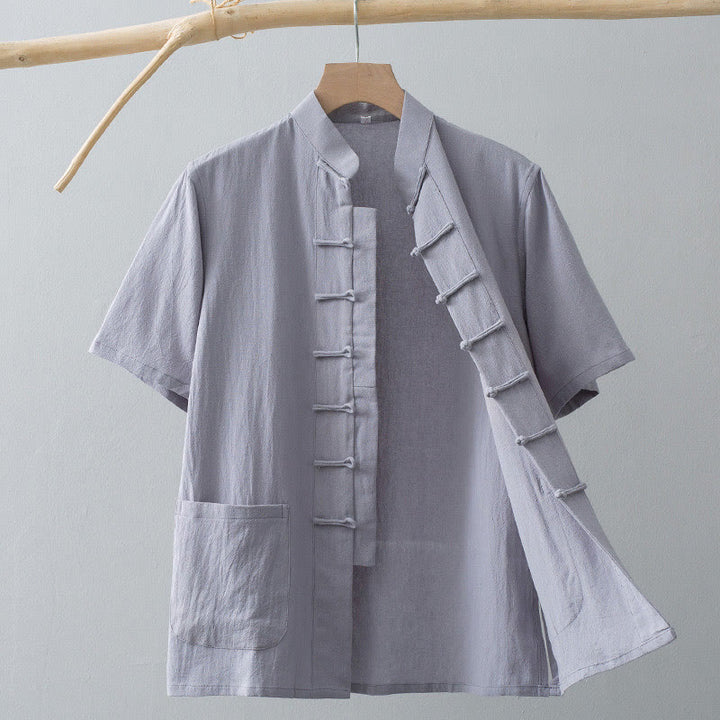 Traje Tang de botones de rana chino Buddha Stones para hombre, camisa de manga corta de algodón y lino con bolsillos. - Gris claro - US/UK/AU44, EU54 (4XL) - image 9