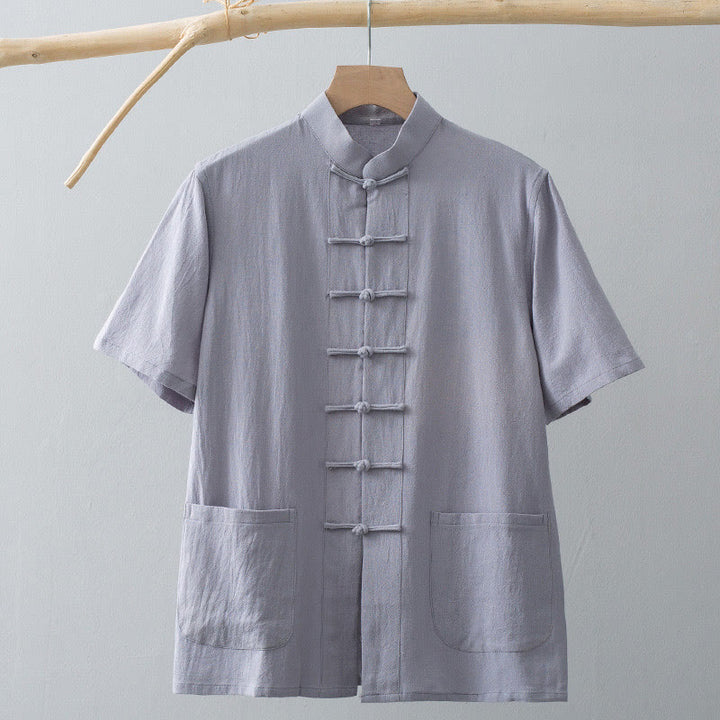 Traje Tang de botones de rana chino Buddha Stones para hombre, camisa de manga corta de algodón y lino con bolsillos. - image 10