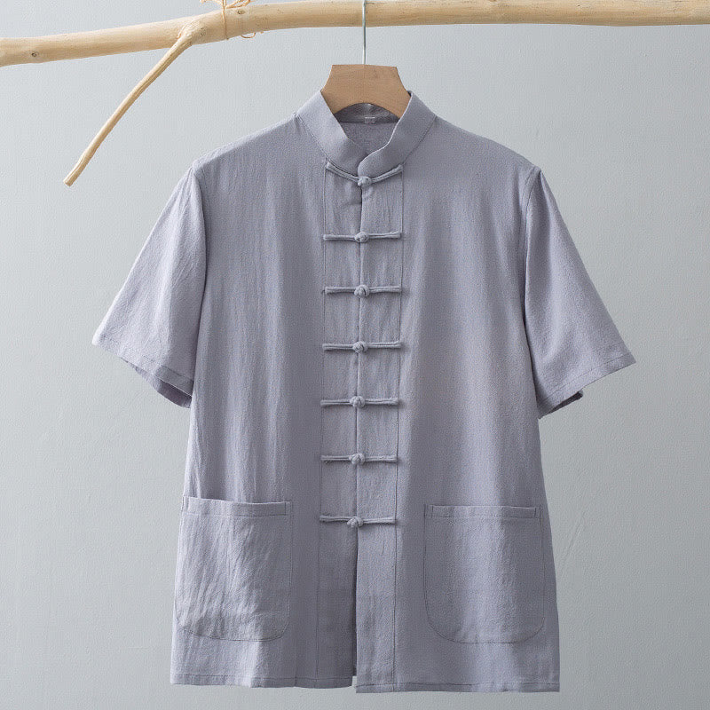 Traje Tang de botones de rana chino Buddha Stones para hombre, camisa de manga corta de algodón y lino con bolsillos. - image 11