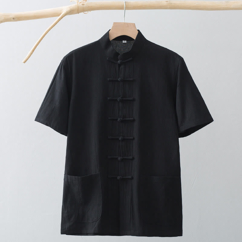 Traje Tang de botones de rana chino Buddha Stones para hombre, camisa de manga corta de algodón y lino con bolsillos. - image 17
