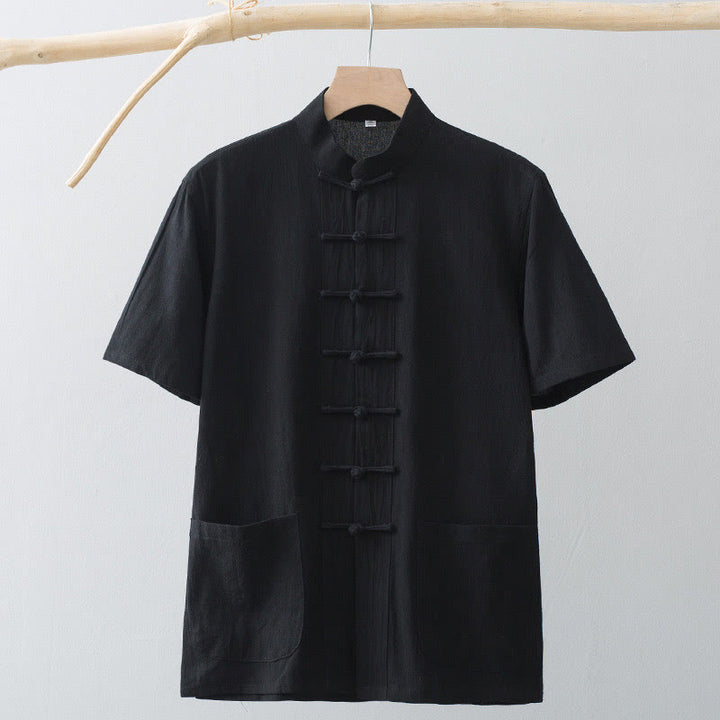 Traje Tang de botones de rana chino Buddha Stones para hombre, camisa de manga corta de algodón y lino con bolsillos. - image 17