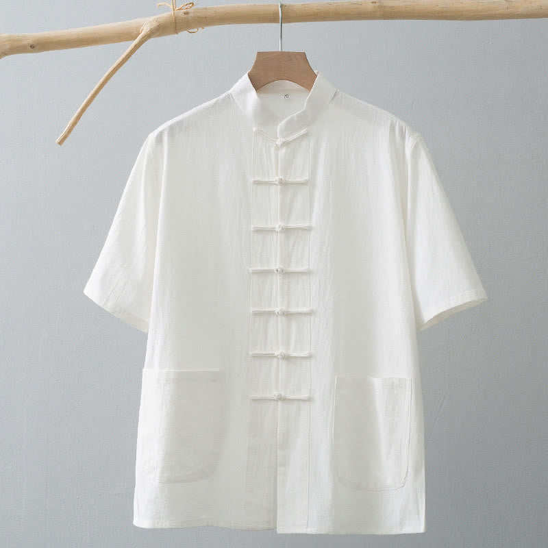 Traje Tang de botones de rana chino Buddha Stones para hombre, camisa de manga corta de algodón y lino con bolsillos. - image 1
