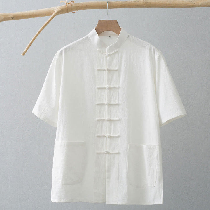 Traje Tang de botones de rana chino Buddha Stones para hombre, camisa de manga corta de algodón y lino con bolsillos. - image 1