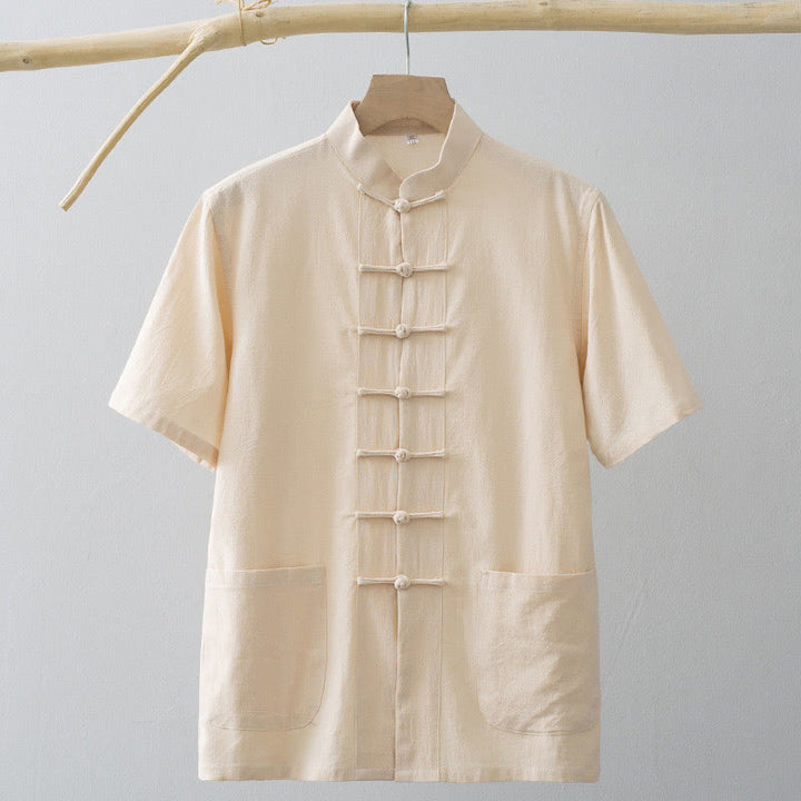 Traje Tang de botones de rana chino Buddha Stones para hombre, camisa de manga corta de algodón y lino con bolsillos. - image 12