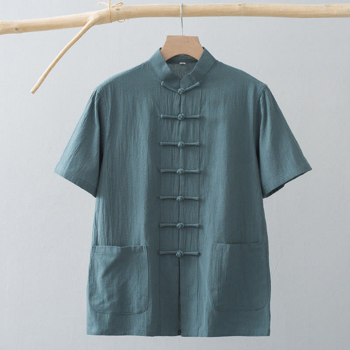 Traje Tang de botones de rana chino Buddha Stones para hombre, camisa de manga corta de algodón y lino con bolsillos. - image 8
