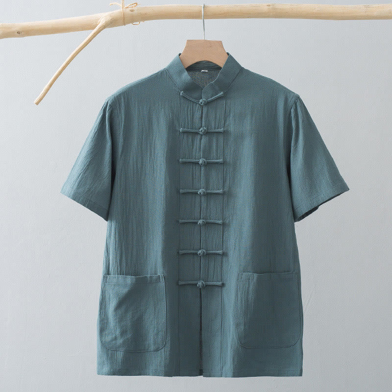 Traje Tang de botones de rana chino Buddha Stones para hombre, camisa de manga corta de algodón y lino con bolsillos. - image 9