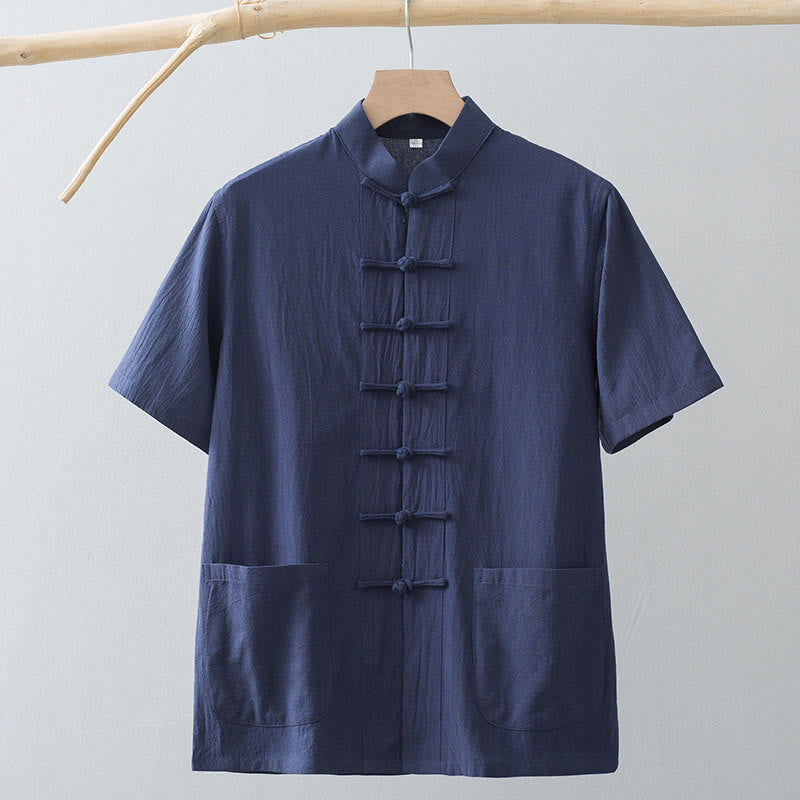 Traje Tang de botones de rana chino Buddha Stones para hombre, camisa de manga corta de algodón y lino con bolsillos. - image 15