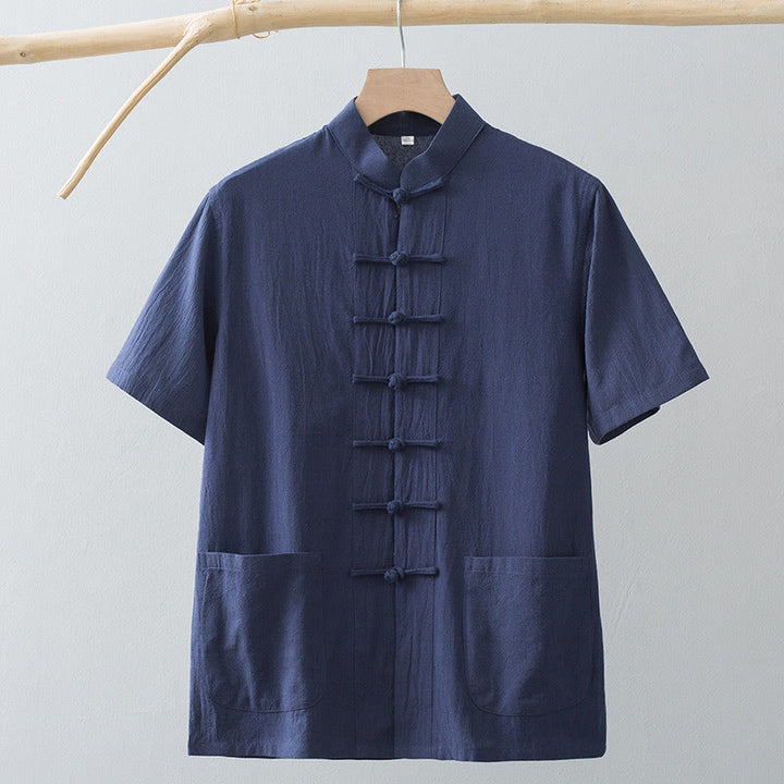 Traje Tang de botones de rana chino Buddha Stones para hombre, camisa de manga corta de algodón y lino con bolsillos. - image 15