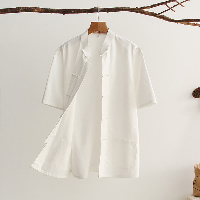 Buddha Stones Camisa estilo Tang de hombre con botones tipo rana chinos, de manga corta, de algodón y con bolsillos - Blanco - US/UK/AU44, EU54 (4XL) - image 1