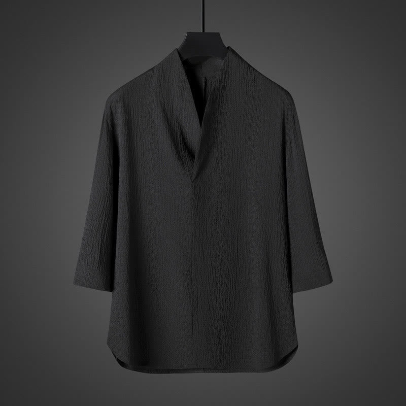 Camisa casual de hombre con cuello en V y manga tres cuartos de Buddha Stones - Negro - US/UK/AU46, EU56 (5XL) - image 6