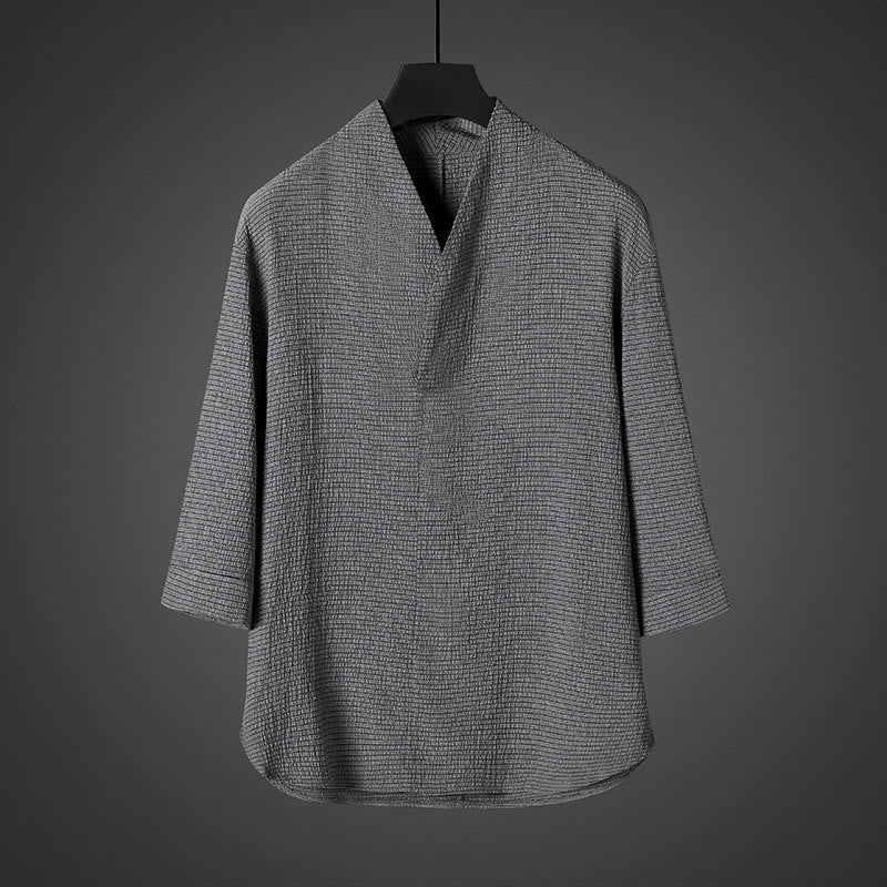 Camisa casual de hombre con cuello en V y manga tres cuartos de Buddha Stones - Gris oscuro - US/UK/AU46, EU56 (5XL) - image 3