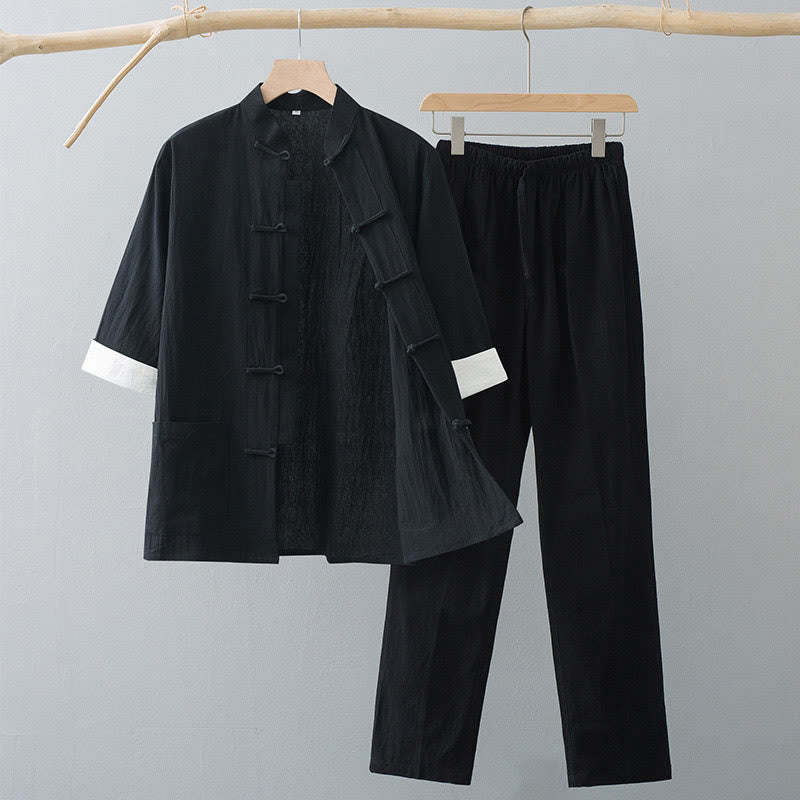 Conjunto de Ropa para Hombre de Manga Corta con Botón de Rana Tradicional y Pantalones de Algodón Buddha Stones - Top negro y pantalones negros - US/UK/AU44, EU54 (4XL)  - image 9