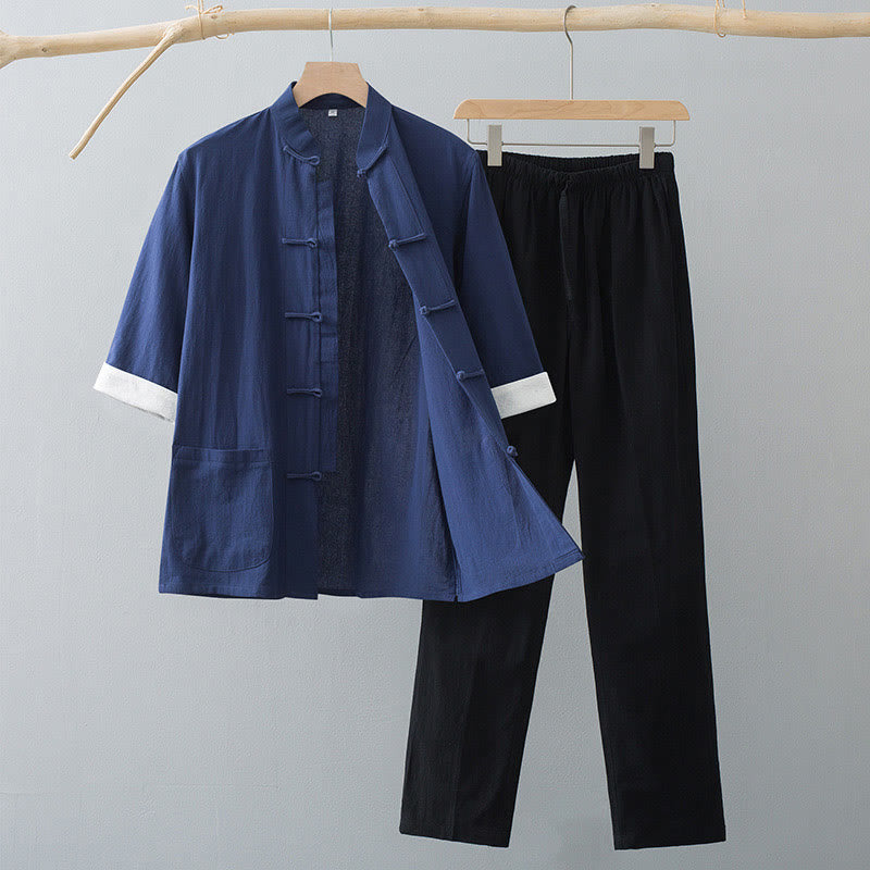 Conjunto de Ropa para Hombre de Manga Corta con Botón de Rana Tradicional y Pantalones de Algodón Buddha Stones - Top azul marino y pantalones negros - US/UK/AU44, EU54 (4XL)  - image 8