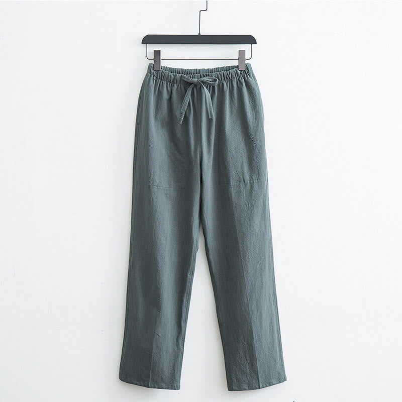 Pantalones casuales de lino y algodón de color sólido para hombre con cordón y bolsillos de Buddha Stones - Verde mar oscuro - US/UK/AU44, EU54 (4XL)  - image 11