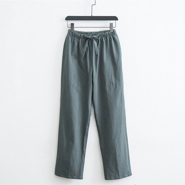 Pantalones casuales de lino y algodón de color sólido para hombre con cordón y bolsillos de Buddha Stones - Verde mar oscuro - US/UK/AU44, EU54 (4XL)  - image 11
