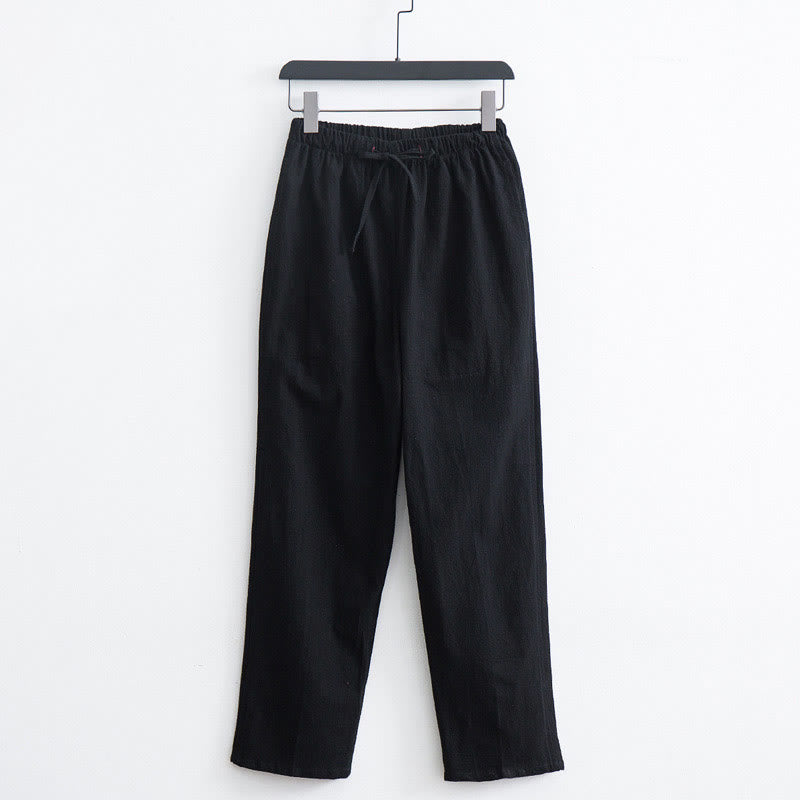 Pantalones casuales de lino y algodón de color sólido para hombre con cordón y bolsillos de Buddha Stones - Negro - US/UK/AU44, EU54 (4XL)  - image 1