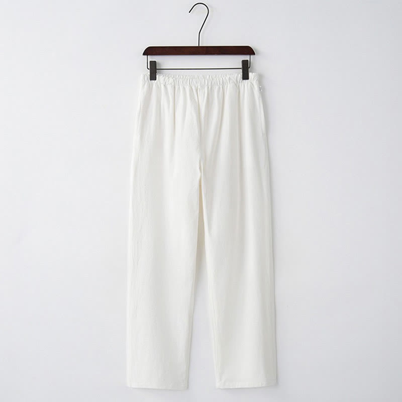 Pantalones casuales de lino y algodón de color sólido para hombre con cordón y bolsillos de Buddha Stones - Blanco - US/UK/AU44, EU54 (4XL)  - image 9