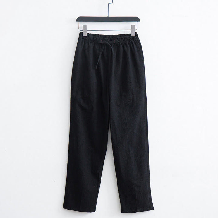 Pantalones casuales de lino y algodón de color sólido para hombre con cordón y bolsillos de Buddha Stones - Negro - US/UK/AU44, EU54 (4XL)  - image 1