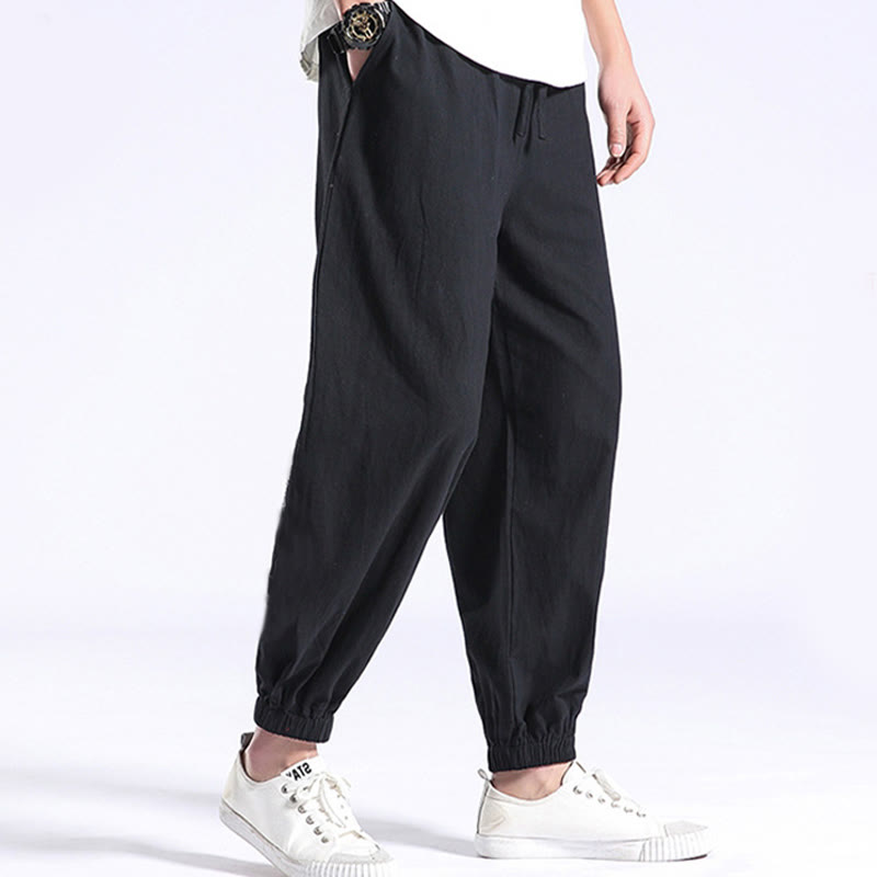 Buddha Stones Pantalones de Harem para Hombres de Algodón y Lino de Color Sólido con Bolsillos - Negro - US/UK/AU44, EU54 (4XL) - image 0