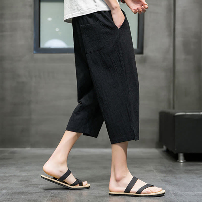 Pantalones cortos de lino con cordón y bolsillos de Buddha Stones para hombre, de verano - image 12