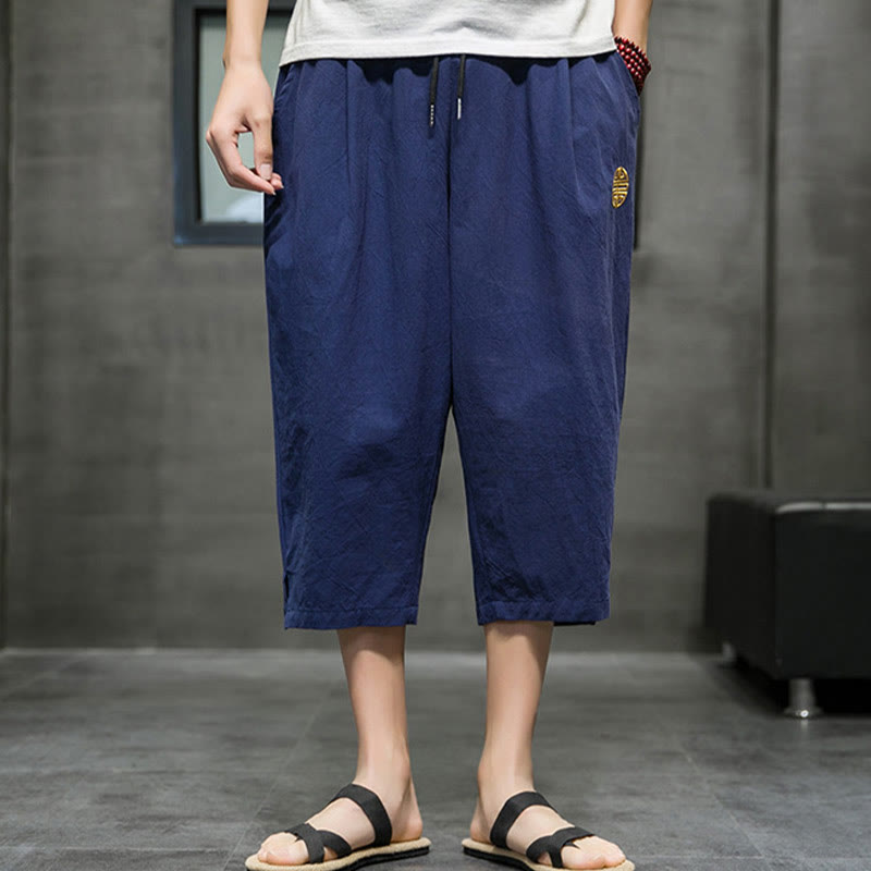 Pantalones cortos de lino con cordón y bolsillos de Buddha Stones para hombre, de verano - image 1