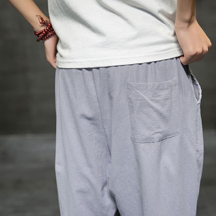 Pantalones cortos de lino con cordón y bolsillos de Buddha Stones para hombre, de verano - image 27