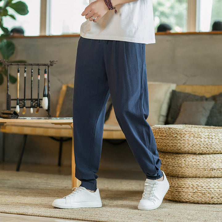 Buddha Stones Pantalones cónicos de algodón y lino para hombre en color liso verano con bolsillos