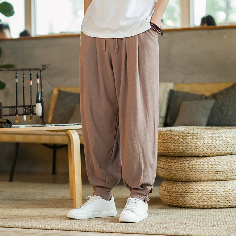 Buddha Stones Pantalones cónicos de algodón y lino para hombre en color liso verano con bolsillos
