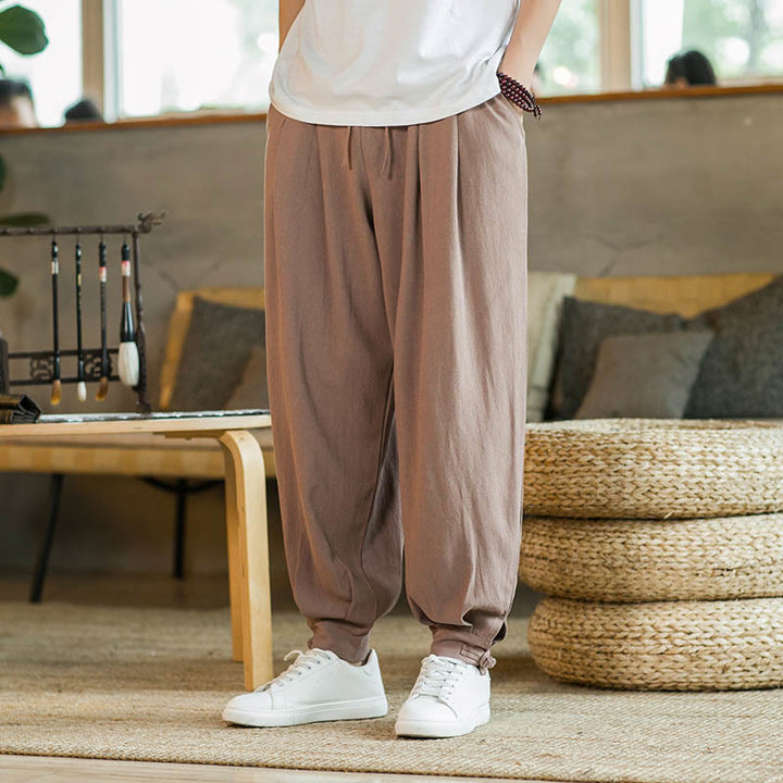 Buddha Stones Pantalones cónicos de algodón y lino para hombre en color liso verano con bolsillos