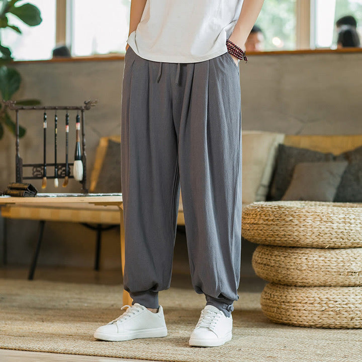Buddha Stones Pantalones cónicos de algodón y lino para hombre en color liso verano con bolsillos