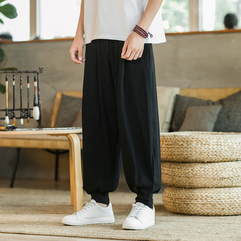 Buddha Stones Pantalones cónicos de algodón y lino para hombre en color liso verano con bolsillos