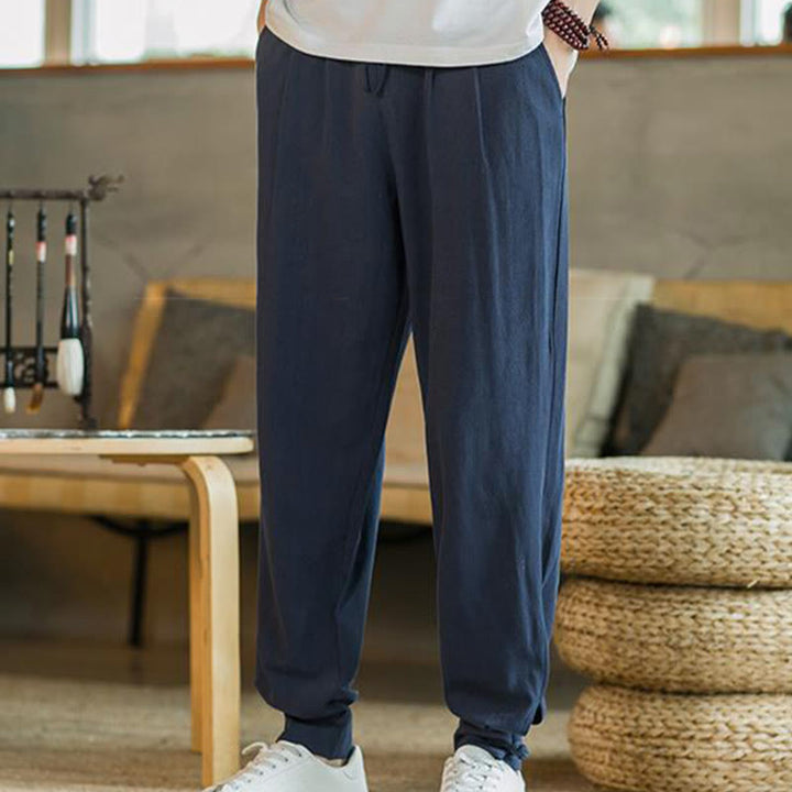 Buddha Stones Pantalones cónicos de algodón y lino para hombre en color liso verano con bolsillos