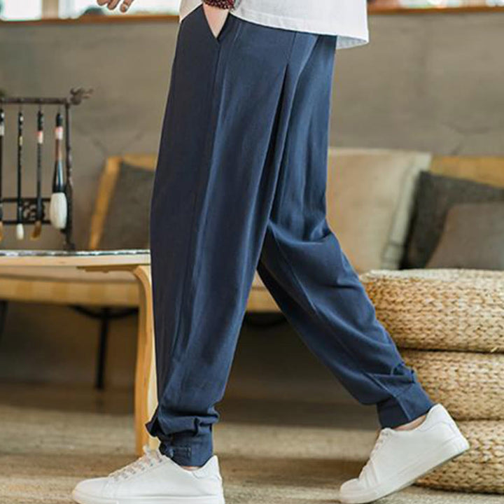 Buddha Stones Pantalones cónicos de algodón y lino para hombre en color liso verano con bolsillos